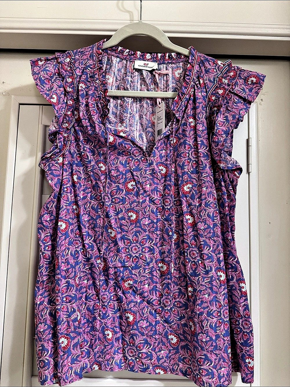 Vineyard Vines Katama Tile Ruffle Popover Blouse Purple & Pink Large
